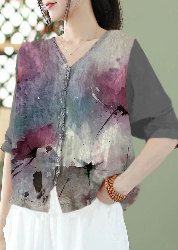 Blue Geometry Print Slim Fit Linen Shirt Top Half Sleeve