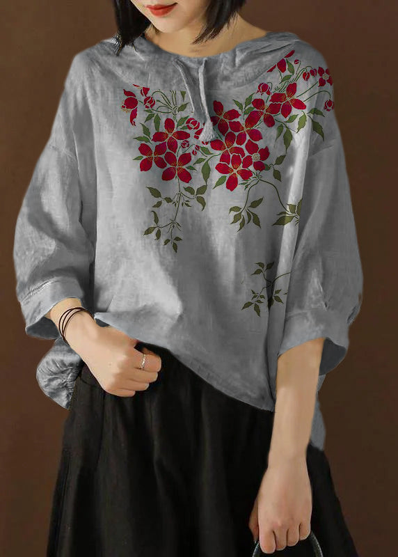 Unique Blouse Indian Linen Summer Literary Grey Flowers Hooded Three Quarter Sleeve T-shirt