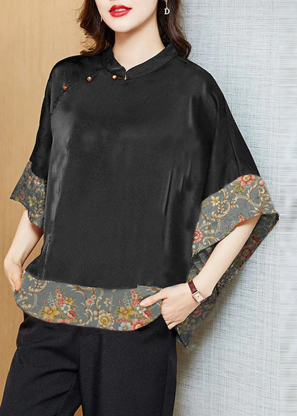 Green Polka Dots Mandarin Collar Asymmetrical Patchwork Jacquard Silk Shirts Batwing Sleeve