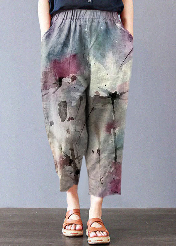 Italian Yellow Flowers Embroidered Pockets Linen Straight Pants Spring