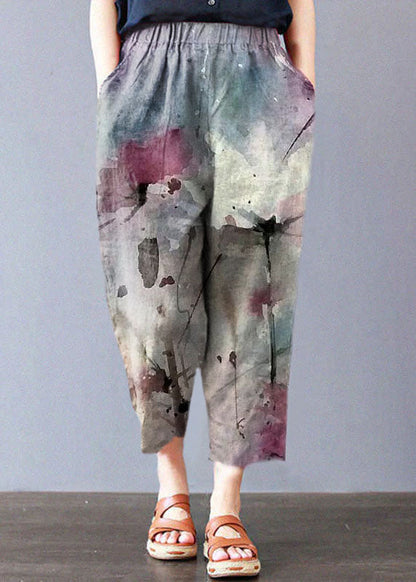 Italian Yellow Flowers Embroidered Pockets Linen Straight Pants Spring
