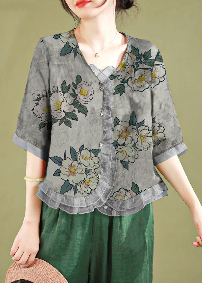 Gray-geometry Ruffled Button Patchwork Linen Blouse Top Summer