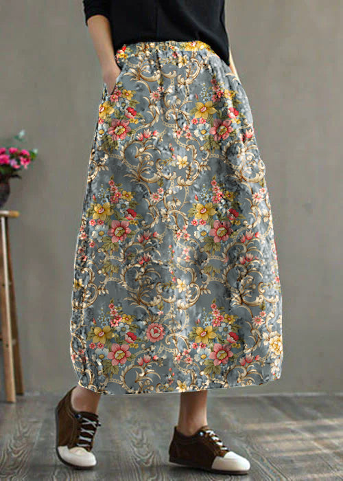 Geometry Elastic Waist Patchwork Print Fine Cotton Filled Skirt Winter