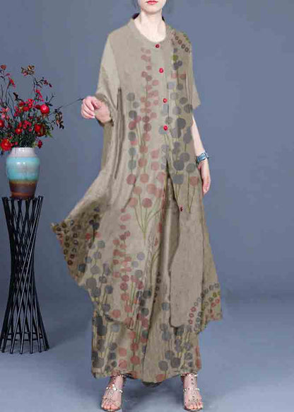 Summer Loose Silk Red Print Coat + Two Piece Pants