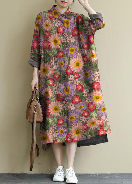 Gray Flower Linen Shirt Dress Oversize Spring Maxi Dresses