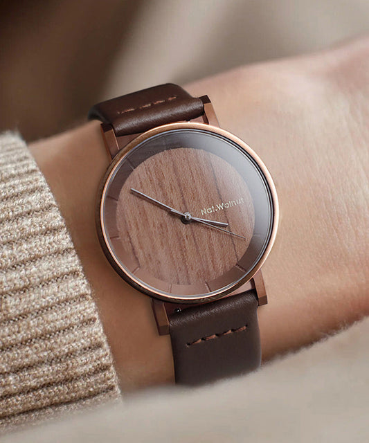 Brown Genuine Leather Inlaid Wooden Quartz Movement Watch