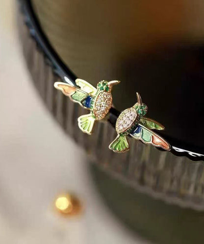 Green Copper Alloy Zircon Enamel Drop Glaze Little Brid Stud Earrings
