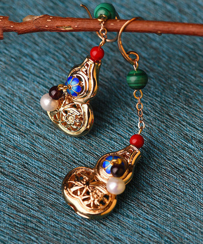 Unique Gold Color Gourd Original Design 14k Gold Drop Earrings