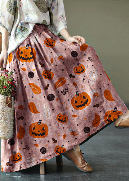 Brown Flower Ramie Elastic Waist Skirt