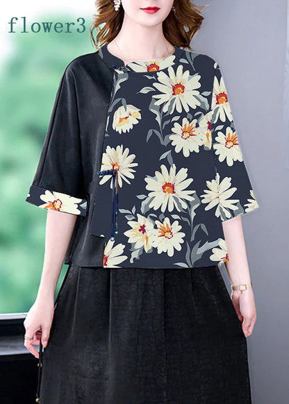 Flower3 O-Neck Print Patchwork Top Bracelet Sleeve