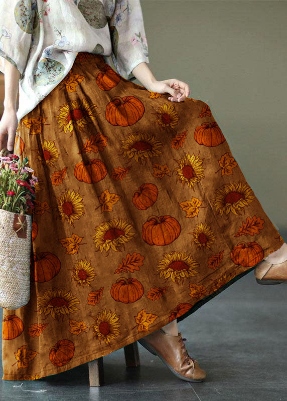 Brown and Red Stripes Ramie Elastic Waist Skirt