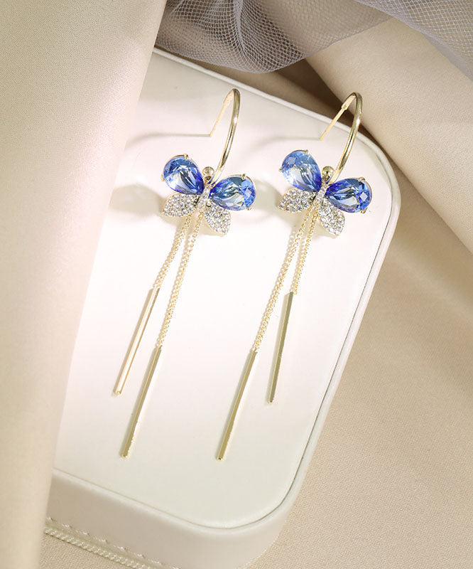 Blue Alloy Zircon Butterfly Tassel Drop Earrings