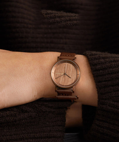 Brown Genuine Leather Inlaid Wooden Quartz Movement Watch