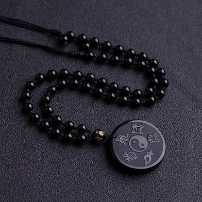 Buddha Stones Natural Black Obsidian Taoism Five Sacred Mountains Nine-character Mantra Carved Strength Yin Yang Necklace Pendant Key Chain