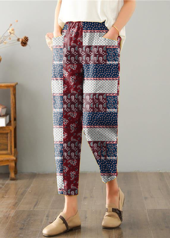 Natural Brown-red Geometry Pockets Cotton Linen Pants Summer