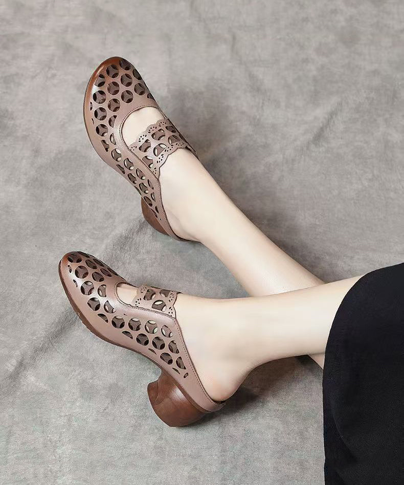 Beige Zippered Cowhide Leather High Heels Hollow Out High Heels
