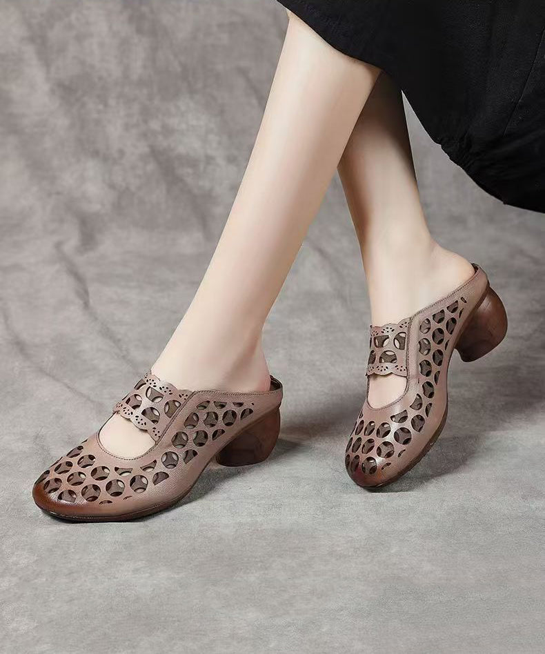 Beige Zippered Cowhide Leather High Heels Hollow Out High Heels