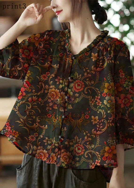Pink V Neck Ruffled Print Linen Blouse Top Half Sleeve