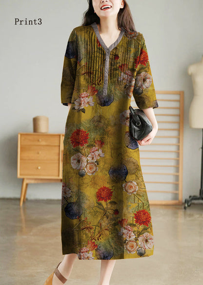 Grey Print7 Loose Linen Long Dresses Button Half Sleeve