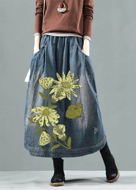 Blue-green Flower Pockets Retro Patchwork Summer Skirts Denim
