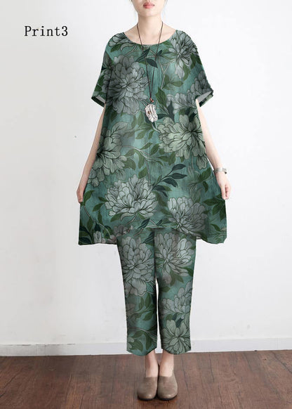 New Loose Green Print3 Short Sleeve Shirt Pants Linen Set