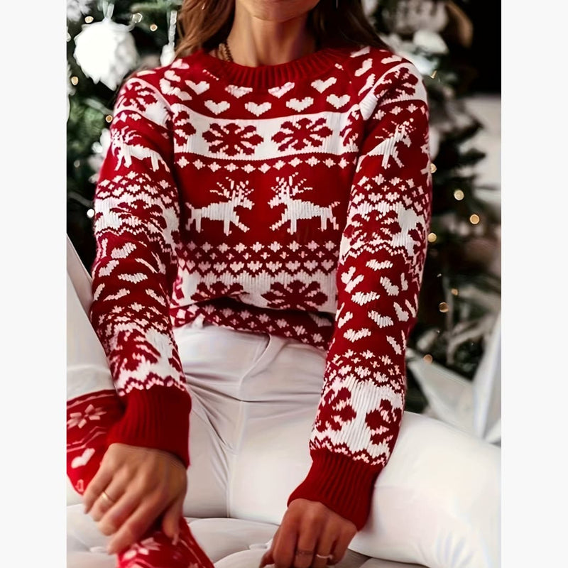 Comfortable Elegant Red Reindeer Snowflake Crew Neck Sweater