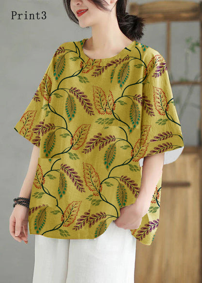 Orange O Neck Print Patchwork Linen T Shirt Top Summer