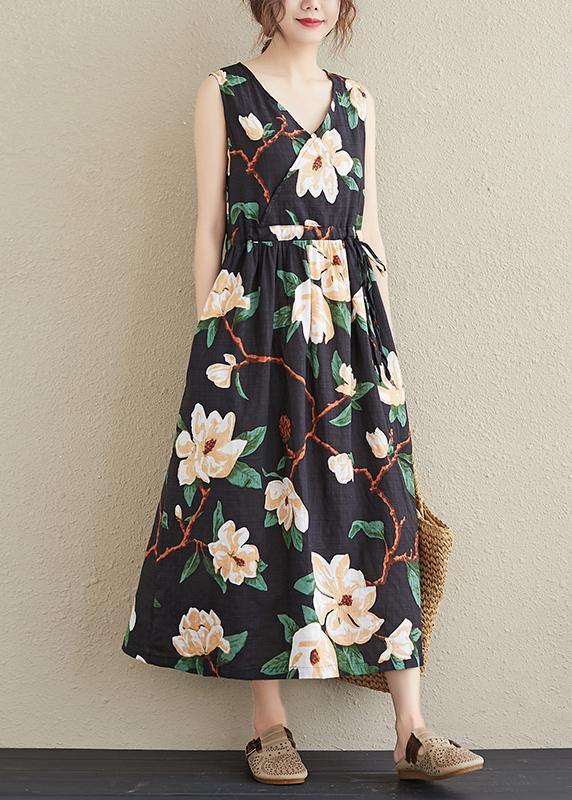 Simple V Neck Drawstring Quilting Dresses Black Print Robes Dresses