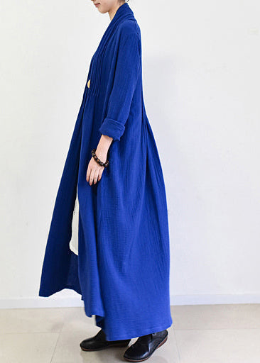 Royal Blue Linen Trench Coats Long Cotton Maxi Coats Fall Outfits