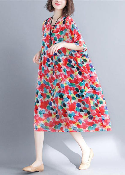 Red Dotted Dress O Neck Cinched Dresses