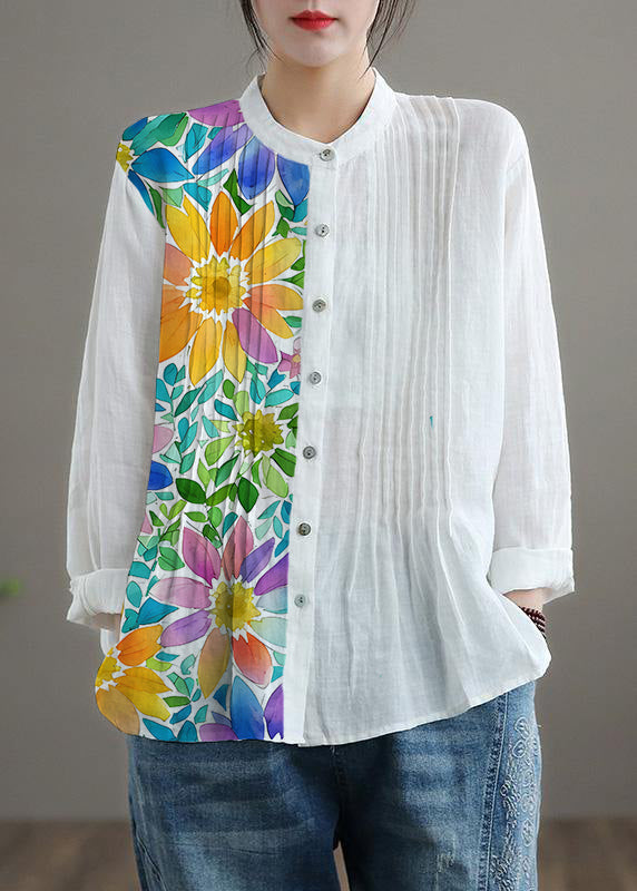 Organic White-flower Linen Shirt Tunics Ramie Blouse