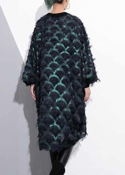 Green Midi-length Silk Polyester Dress Loose Fitting Shirt Dress New Tassel Long Sleeve Dresses