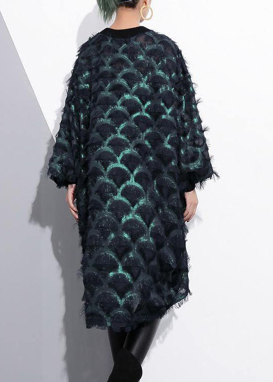 Green Midi-length Silk Polyester Dress Loose Fitting Shirt Dress New Tassel Long Sleeve Dresses