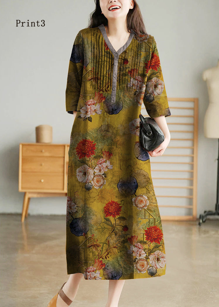White Print9 Loose Linen Long Dresses Button Half Sleeve