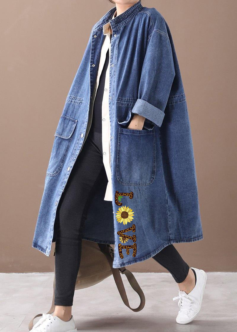 French Denim Blue-lace Box Coat Shape Stand Collar Drawstring Coat