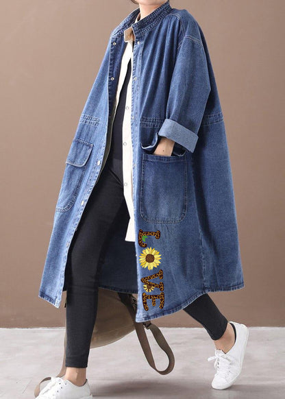 French Denim Blue-lace Box Coat Shape Stand Collar Drawstring Coat