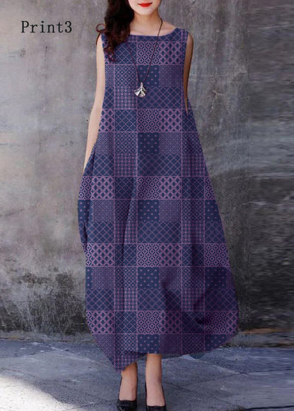 Purple O-neck Exra Large Hem Cotton Dresses Sleeveless