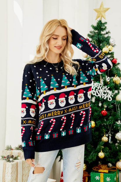 Crew Neck Loose Fit Christmas-Themed Knit Sweater