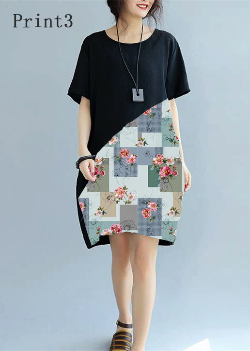 Fine Black -print2 Patchwork Linen Shift Dress Loose Fitting Cotton Clothing Dress Short Sleeve Wild Prints Knee Dresses