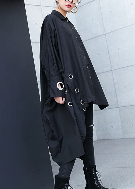 Black Midi Cotton Pullover Traveling Blouse Hollow Outlow High Design Cotton Blouses