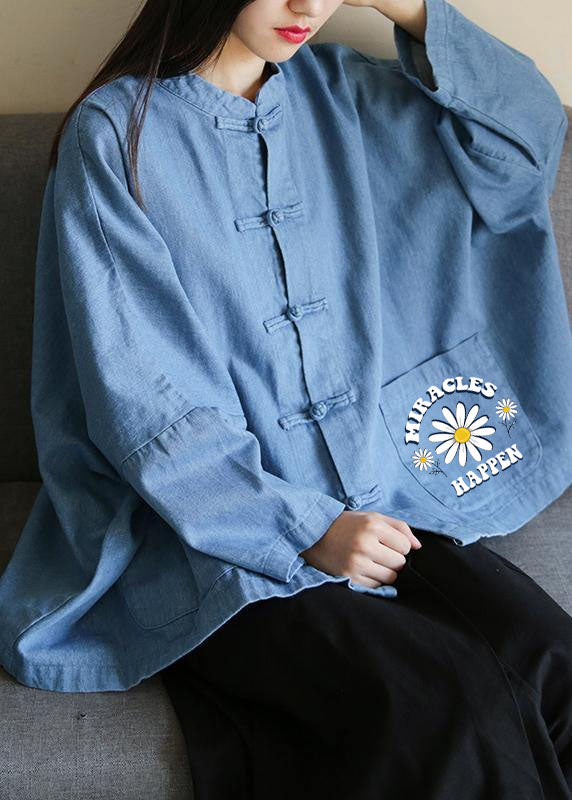 Loose Stand Collar Chinese Button Clothes for Sleeve Denim Light Blue-chrysanthemum Shirts