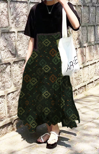 Red Print O-neck Asymmetrical Plaid Mosaic Dress