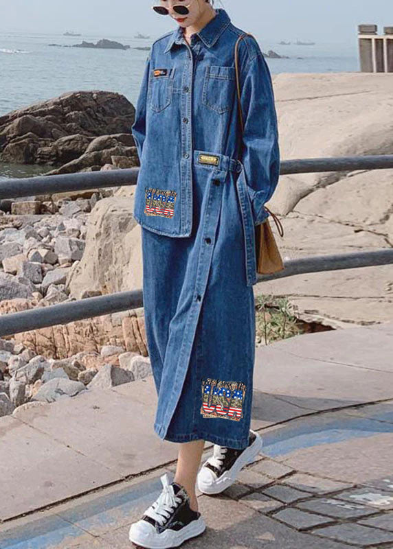 Loose Blue-blue Dot Pockets Button Asymmetrical Design Fall Denim Long Sleeve Long Dress