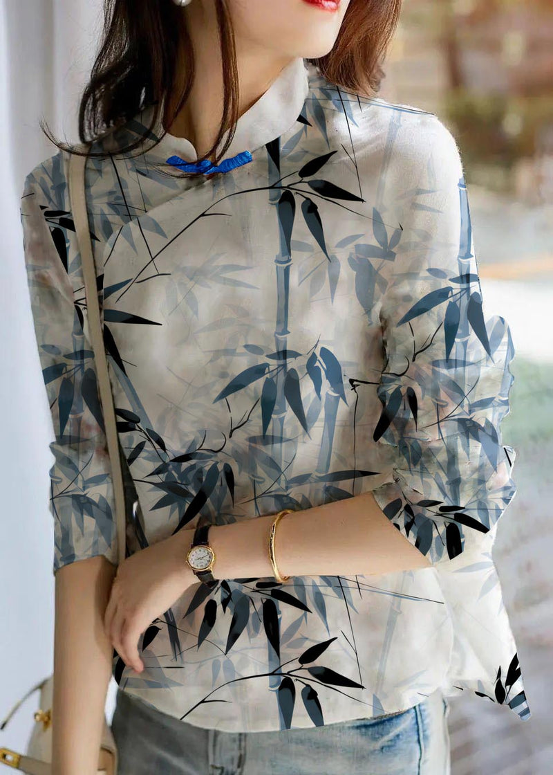 Unique Bamboo Pattern Print Linen Blouses Spring