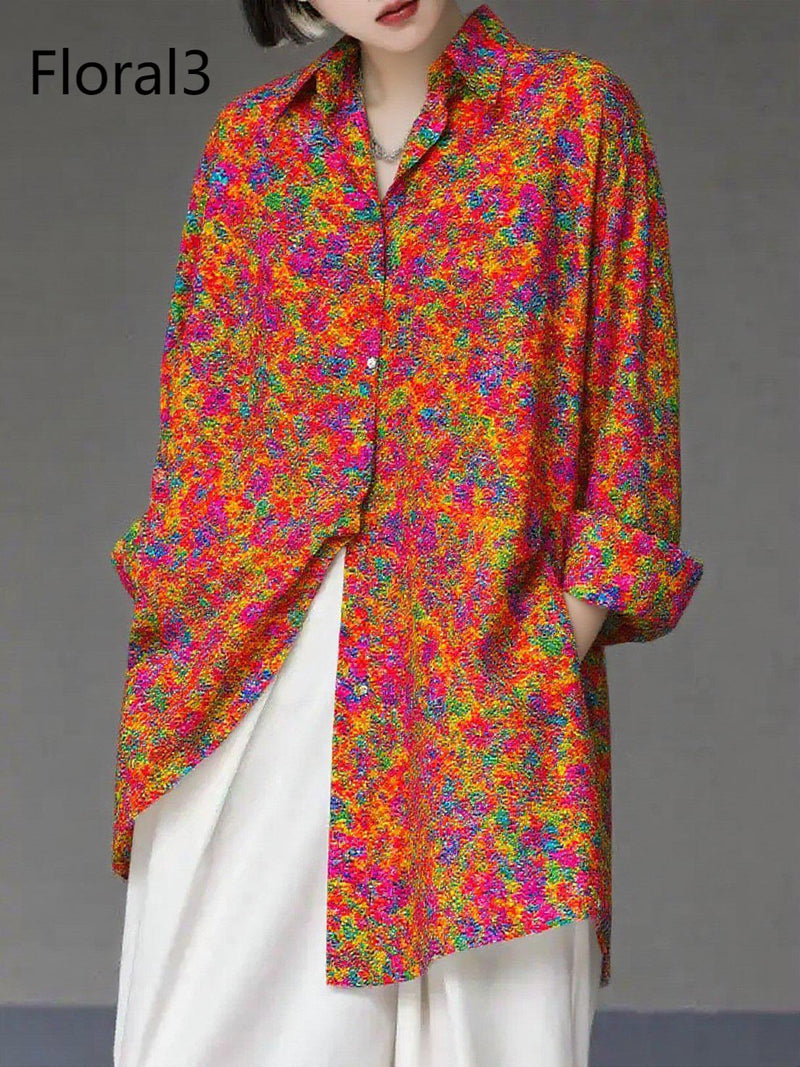 Unique Floral4 Asymmetrical Design Side Open Cotton Long Shirts Spring