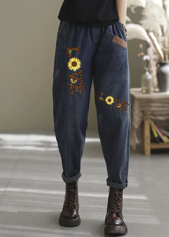 Natural Blue Elastic Waist Pockets Denim Pants Spring