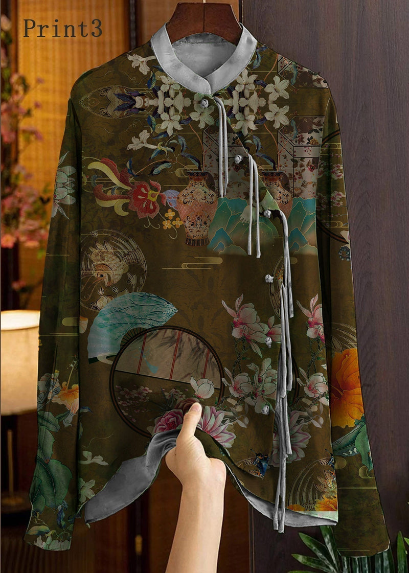 Print4 Mandarin Collar Button Print Silk Shirt Top Spring