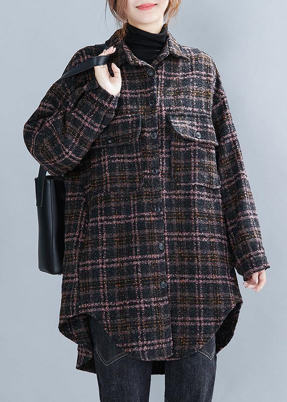 Art Lapel Pockets Coats Blouses Pink Plaid Daily Outwear