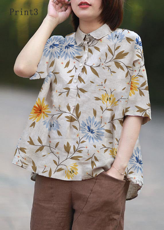 Beige Peter Pan Collar Print Summer Linen Blouses Half Sleeve