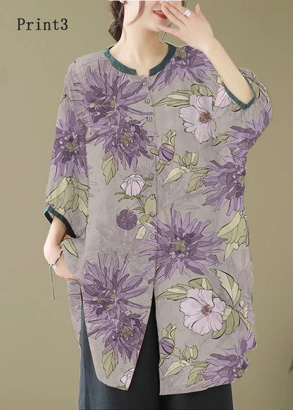Khaki Print Linen Shirt Dresses O-neck Oversized Lantern Sleeve